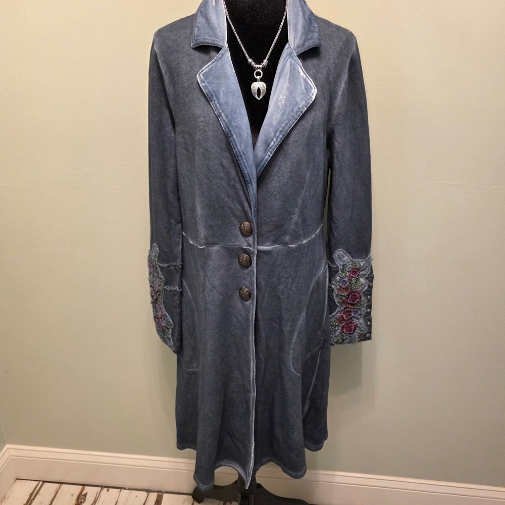 Soft Surroundings Blue Velvet Floral Embroidered Tapestry Duster Coat M